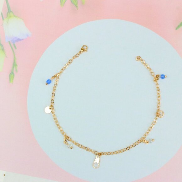 "Elegant Rose Gold Anklet with Blue Beads and Pearl Charms, XPAL1180 - Picture 3 of 12